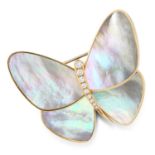 A MOTHER OF PEARL AND DIAMOND BUTTERFLY BROOCH, VA