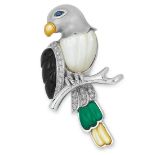 A GEMSET PARROT BROOCH set with multi coloured har