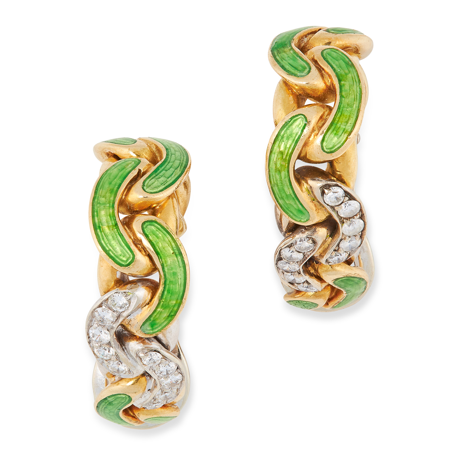 A PAIR OF VINTAGE ENAMEL AND DIAMOND HOOP EARRINGS