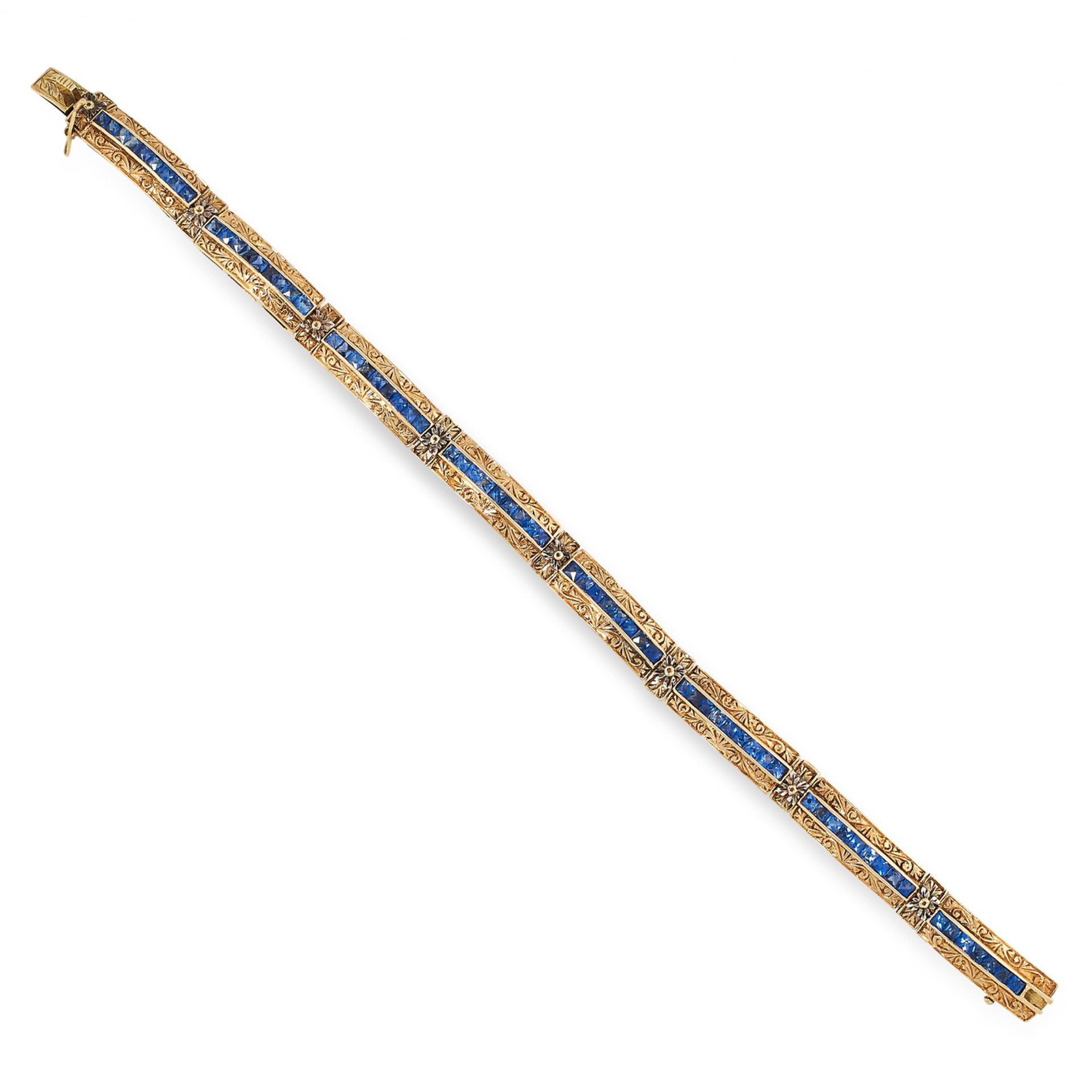 AN ANTIQUE SAPPHIRE BRACELET comprising of textured links set with central rows of french cut