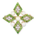 AN ANTIQUE DEMANTOID GARNET, DIAMOND AND PEARL CRO