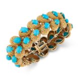 A VINTAGE TURQUOISE FANCY LINK BRACELET, CIRCA 1960 in high carat yellow gold, comprising of two