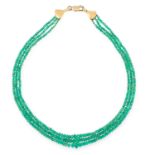 AN EMERALD BEAD NECKLACE set with three rows of fa