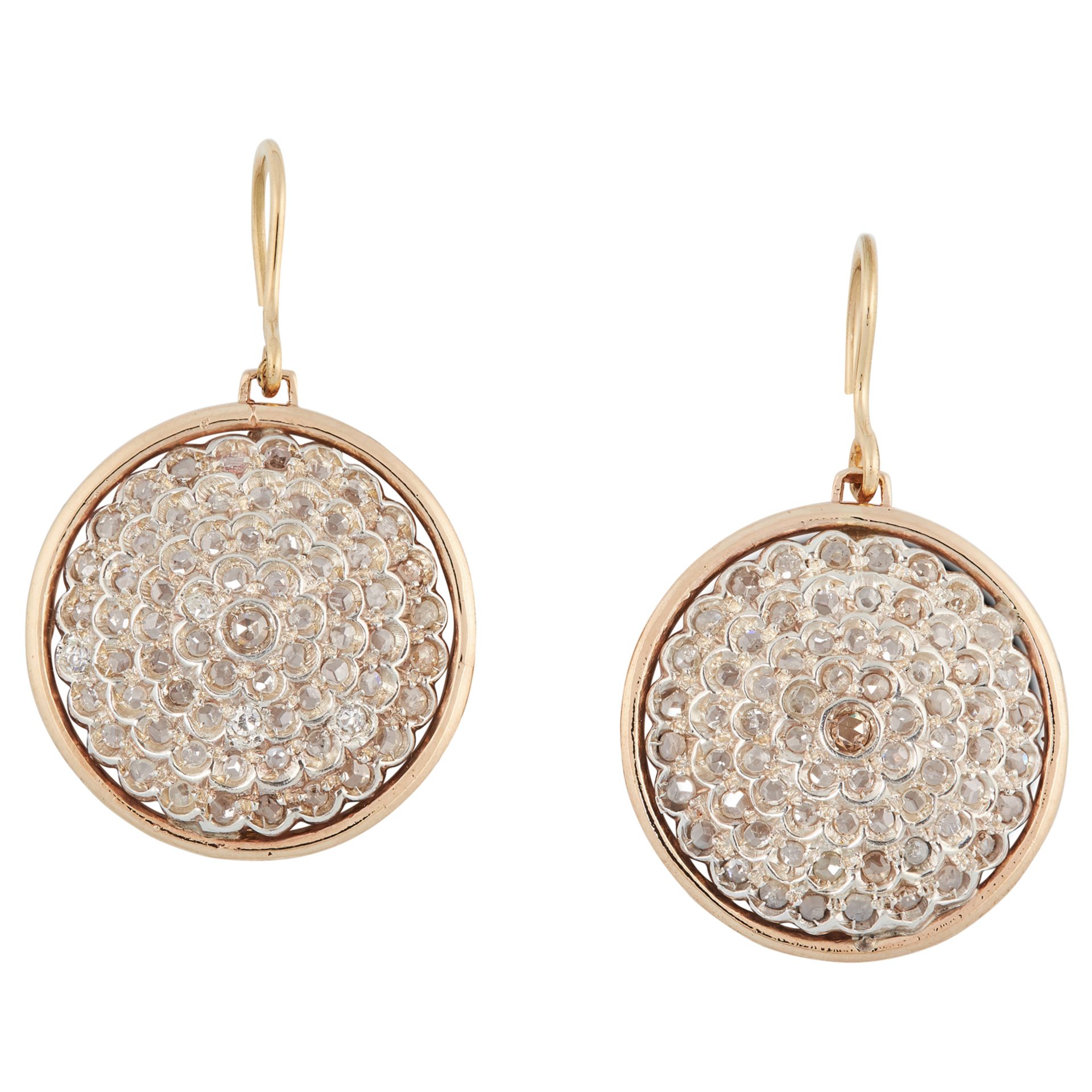A PAIR OF DIAMOND MEDULA EARRINGS the circular face of each is pave set with rose cut diamonds, 4.