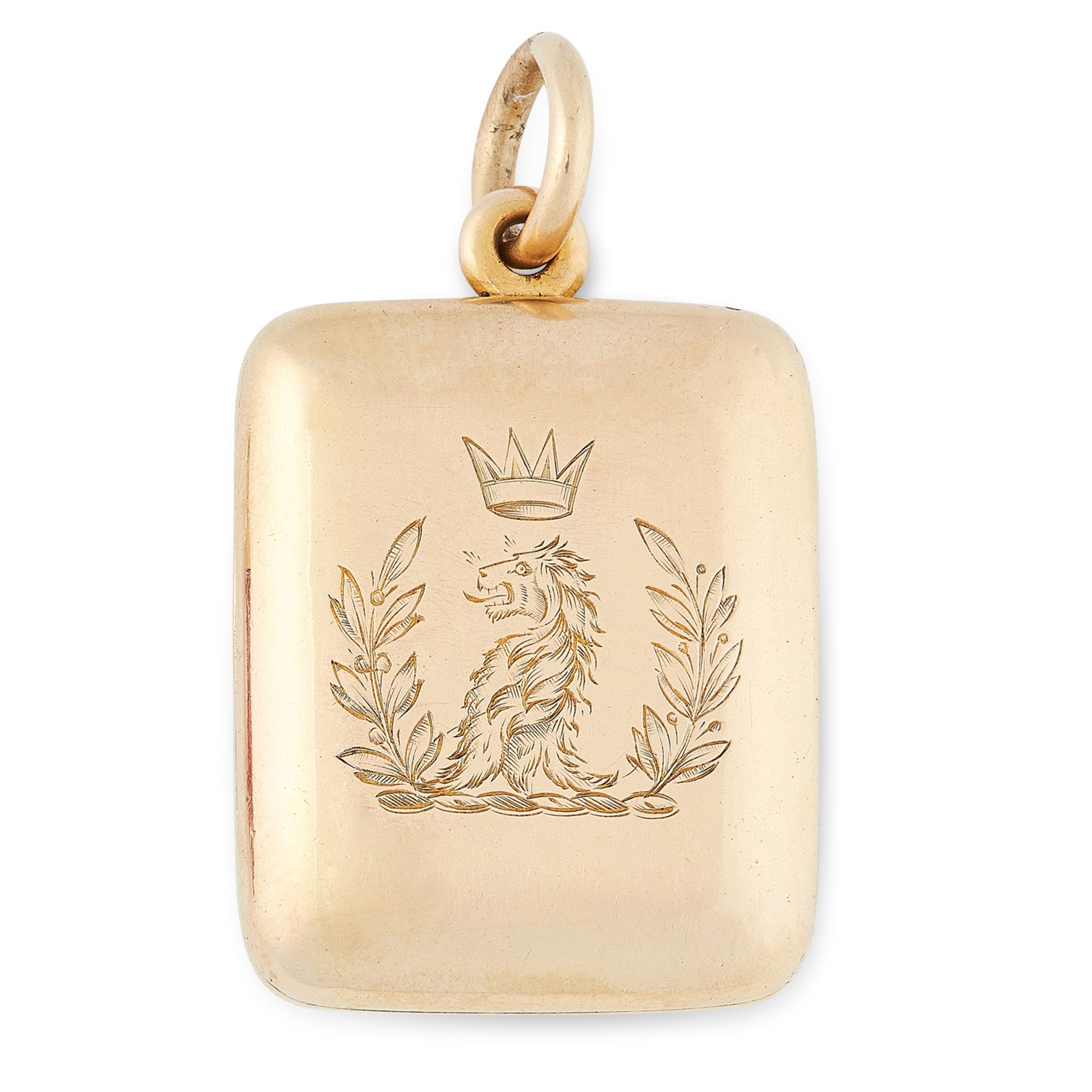 AN ANTIQUE FAMILY LOCKET PENDANT in yellow gold, the rounded rectangular body engraved to the