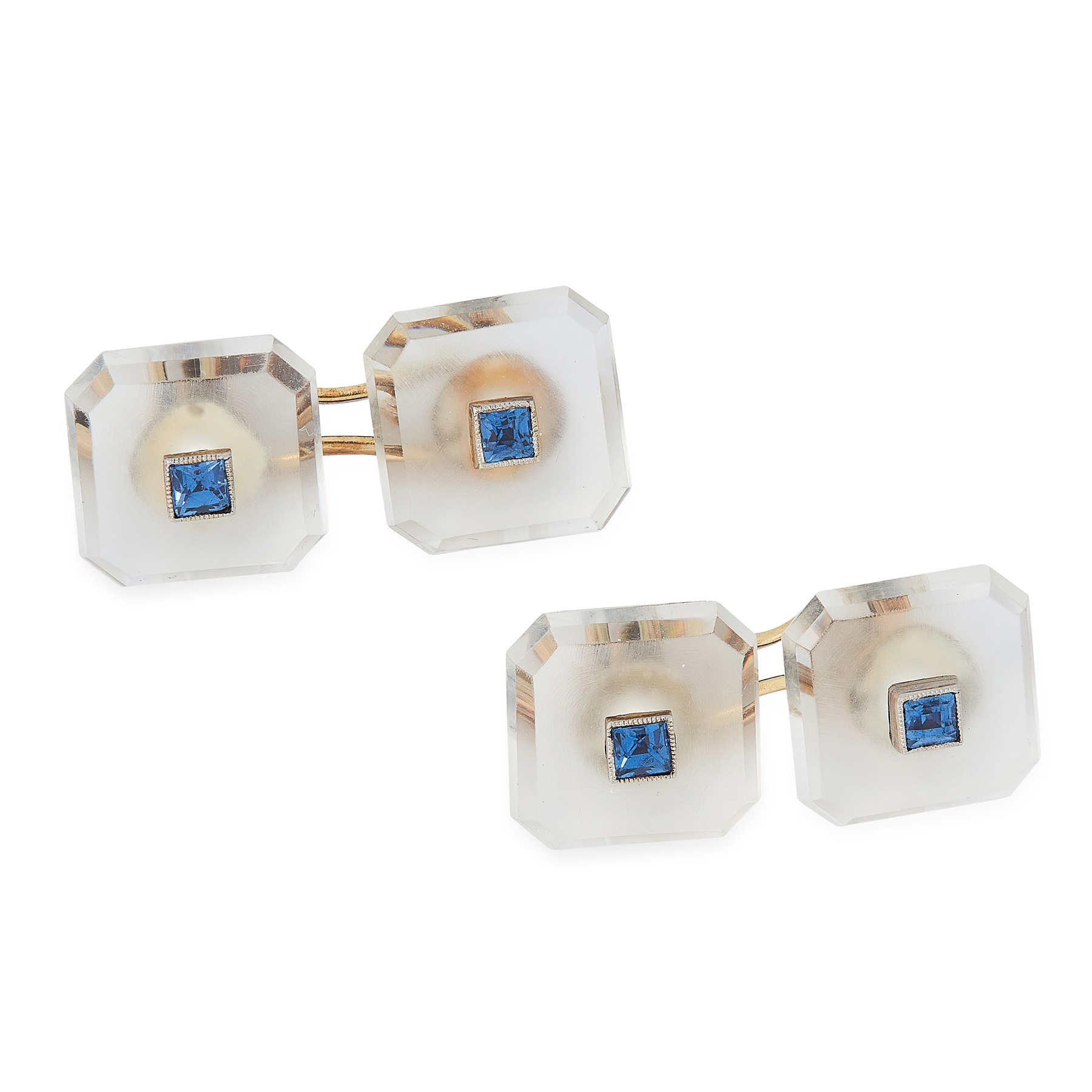 A PAIR OF SAPPHIRE AND ROCK CRYSTAL CUFFLINKS, CIRCA 1930 in yellow gold, each formed of two