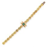 AN ANTIQUE EMERALD AND PEARL BRACELET in high carat yellow gold, set with a round cut emerald