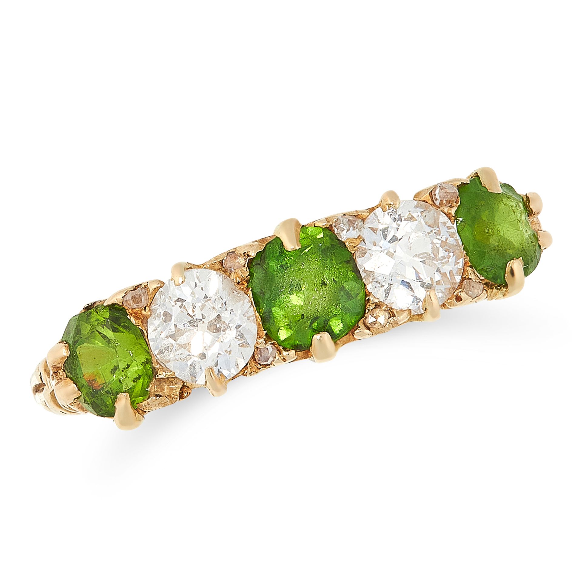 AN ANTIQUE DEMANTOID GARNET AND DIAMOND RING in high carat yellow gold, set with five alternating