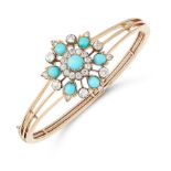 AN ANTIQUE TURQUOISE AND DIAMOND BANGLE / PENDANT / BROOCH in high carat yellow gold, designed as