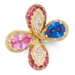 A SAPPHIRE, RUBY AND DIAMOND DRESS RING in 18ct yellow gold, designed as a flower, the petals set