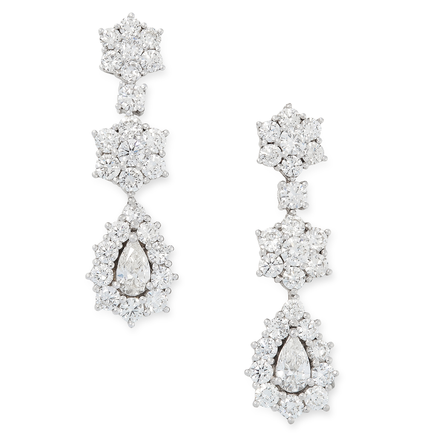 A PAIR OF DIAMOND DROP EARRINGS the articulated bodies formed of clusters of round and pear cut