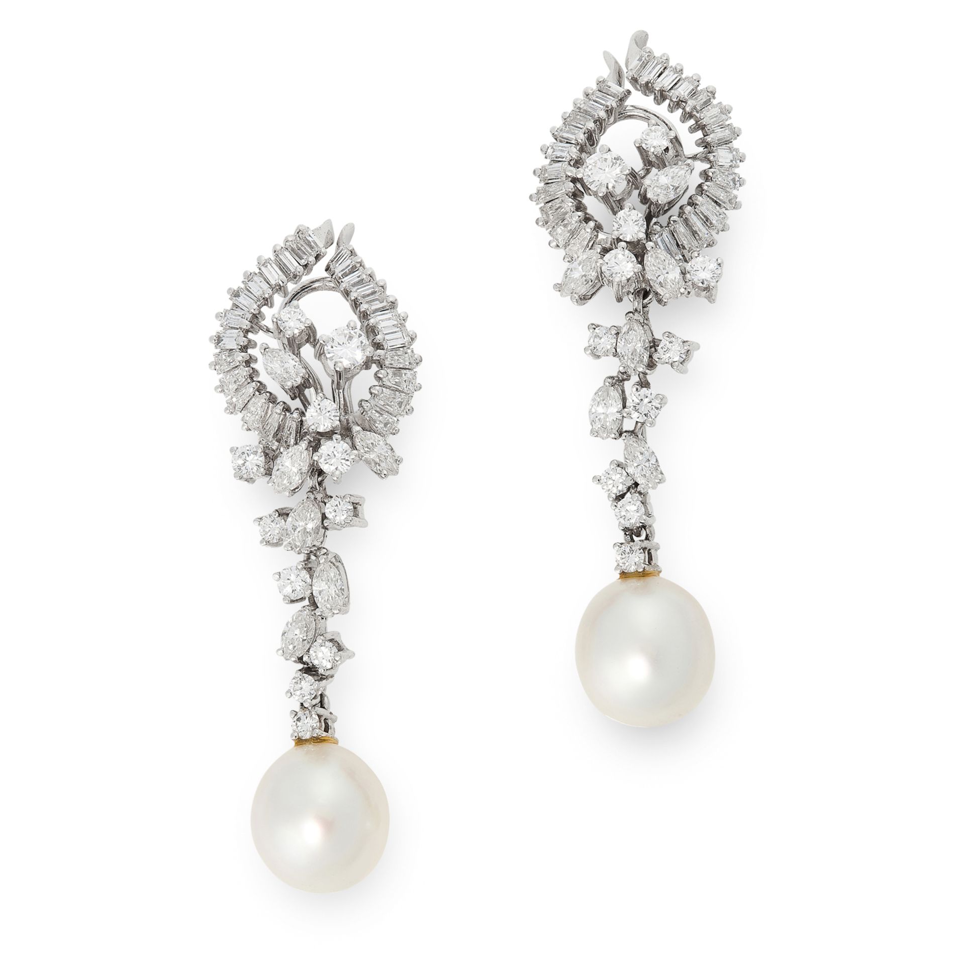 A PAIR OF PEARL AND DIAMOND EARRINGS in 18ct white gold, the articulated body of each designed as