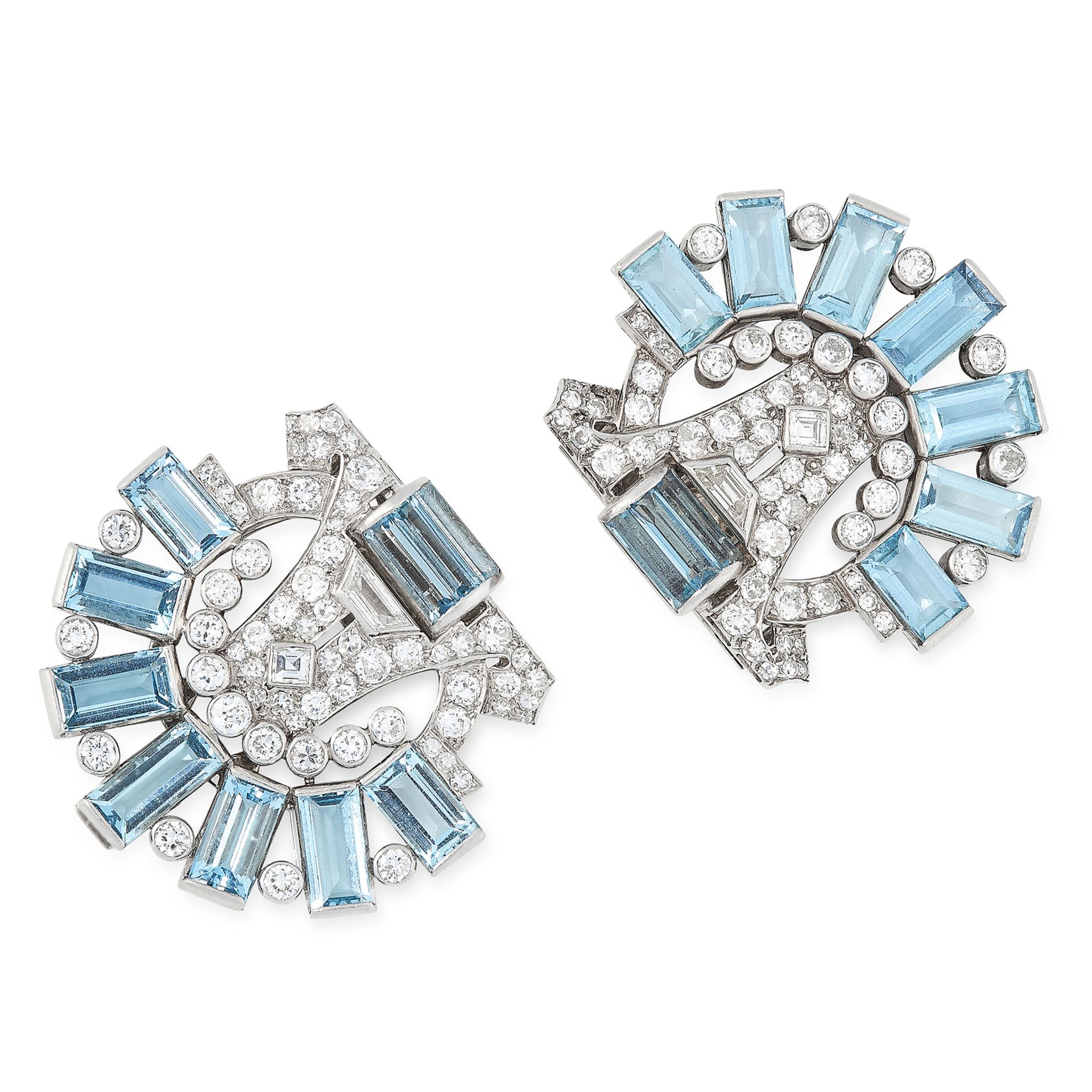 A PAIR OF AQUAMARINE AND DIAMOND CLIP BROOCHES, CARTIER CIRCA 1940 in 18ct white gold, each set with