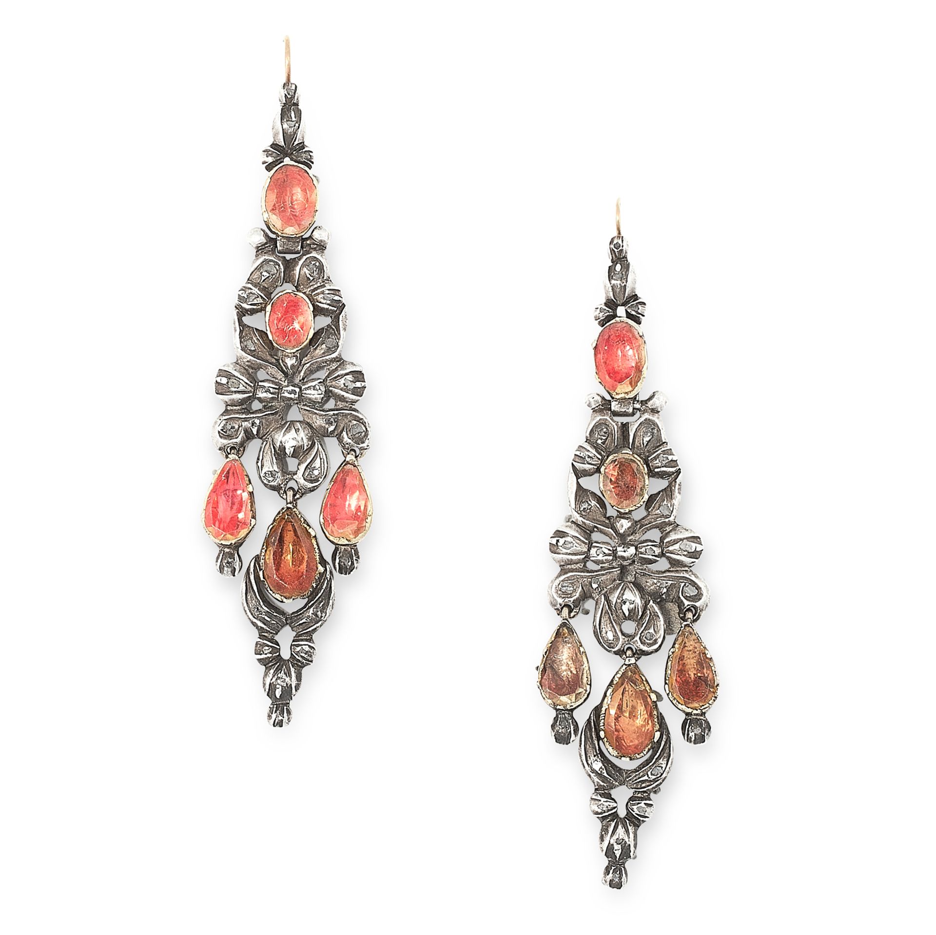 A PAIR OF ANTIQUE TOPAZ AND DIAMOND EARRINGS, SPANISH LATE 18TH CENTURY in silver, the articulated