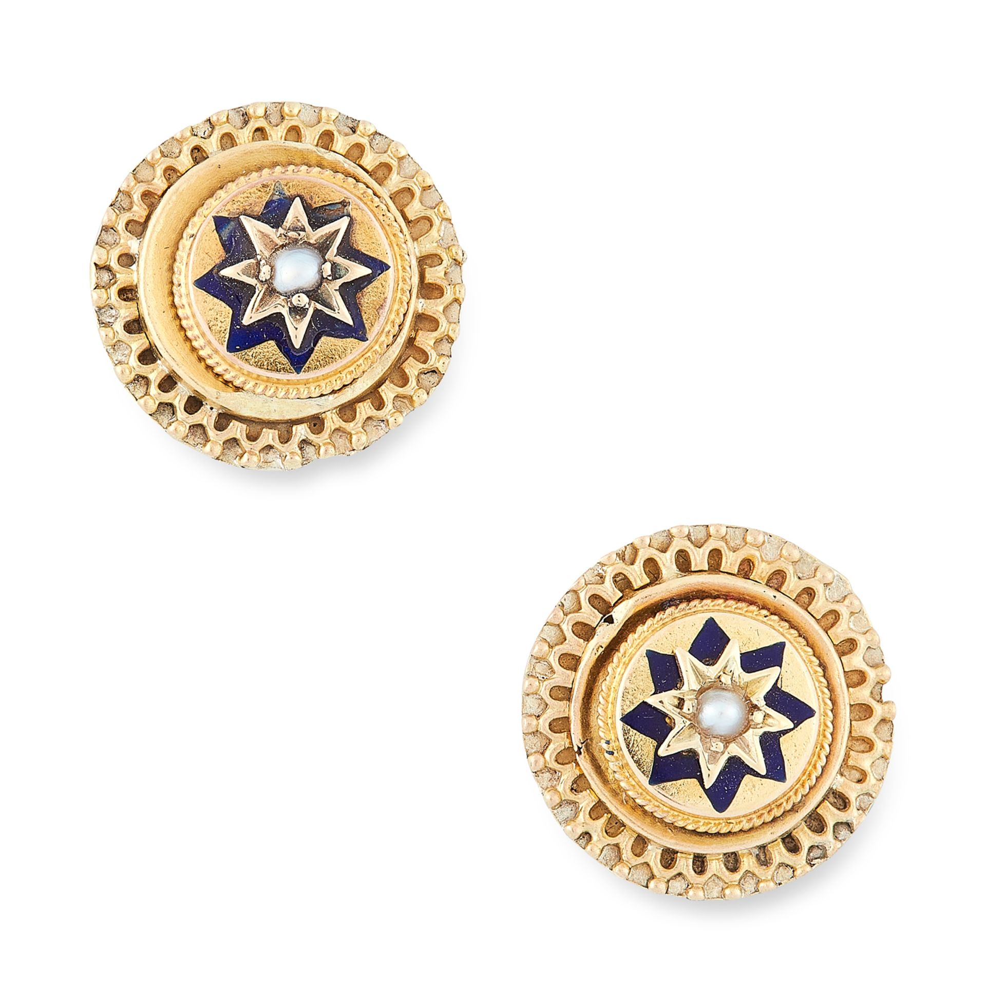 A PAIR OF ANTIQUE PEARL AND ENAMEL STUD EARRINGS, 19TH CENTURY in yellow gold, each set with a pearl