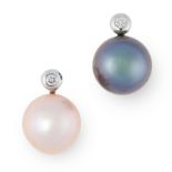 A PAIR OF PINK AND BLACK PEARL AND DIAMOND EARRINGS each set with a pink and black pearl of 15.