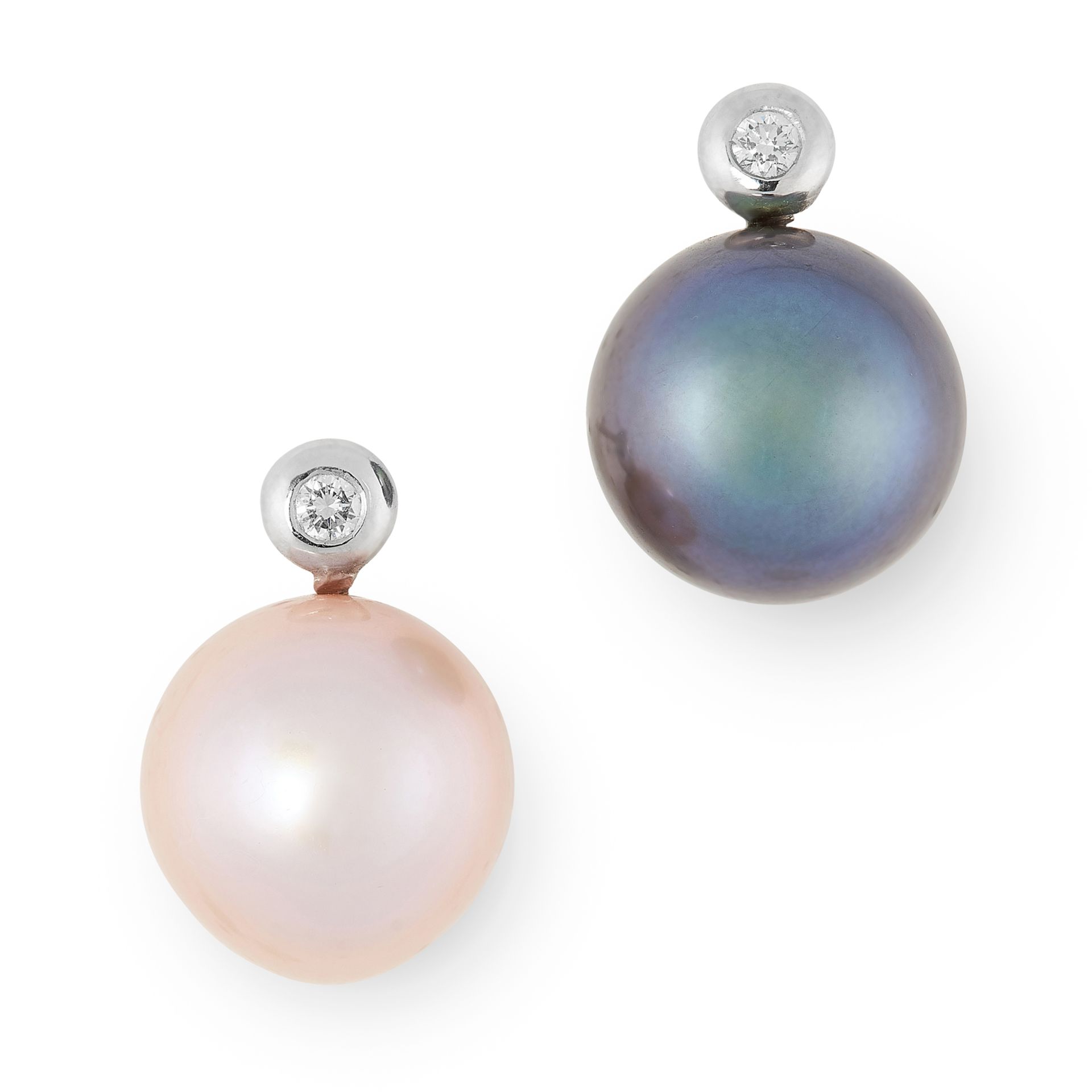 A PAIR OF PINK AND BLACK PEARL AND DIAMOND EARRINGS each set with a pink and black pearl of 15.
