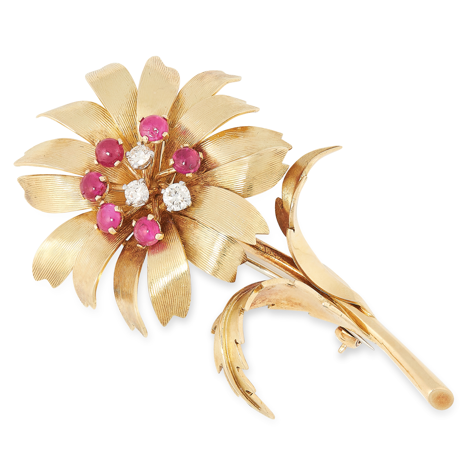 A VINTAGE RUBY AND DIAMOND FLOWER BROOCH, ANDREW GRIMA 1962 in 18ct yellow gold, designed as a