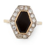 AN ART DECO ONYX AND DIAMOND RING in 18ct yellow gold and platinum, set with a hexagonal polished
