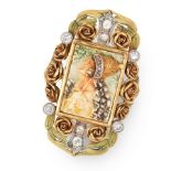 AN ART NOUVEAU ENAMEL AND DIAMOND CAMEO BROOCH, EARLY 20TH CENTURY in yellow gold, set with a