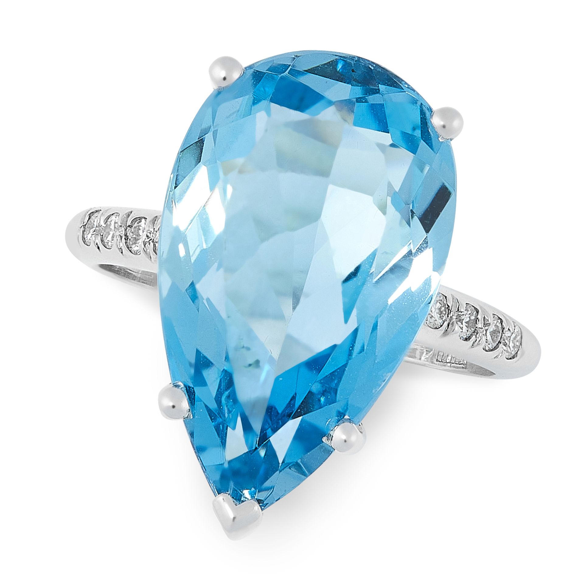 AN AQUAMARINE AND DIAMOND DRESS RING set with a pear cut aquamarine of 10.22 carats, flanked by