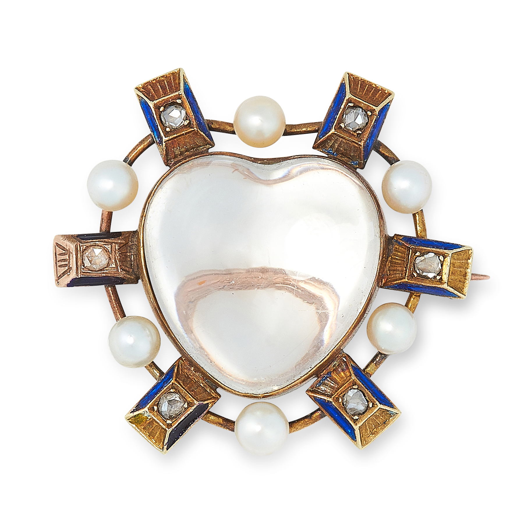 AN ANTIQUE ROCK CRYSTAL, PEARL, DIAMOND AND ENAMEL HEART BROOCH in yellow gold, set with a heart