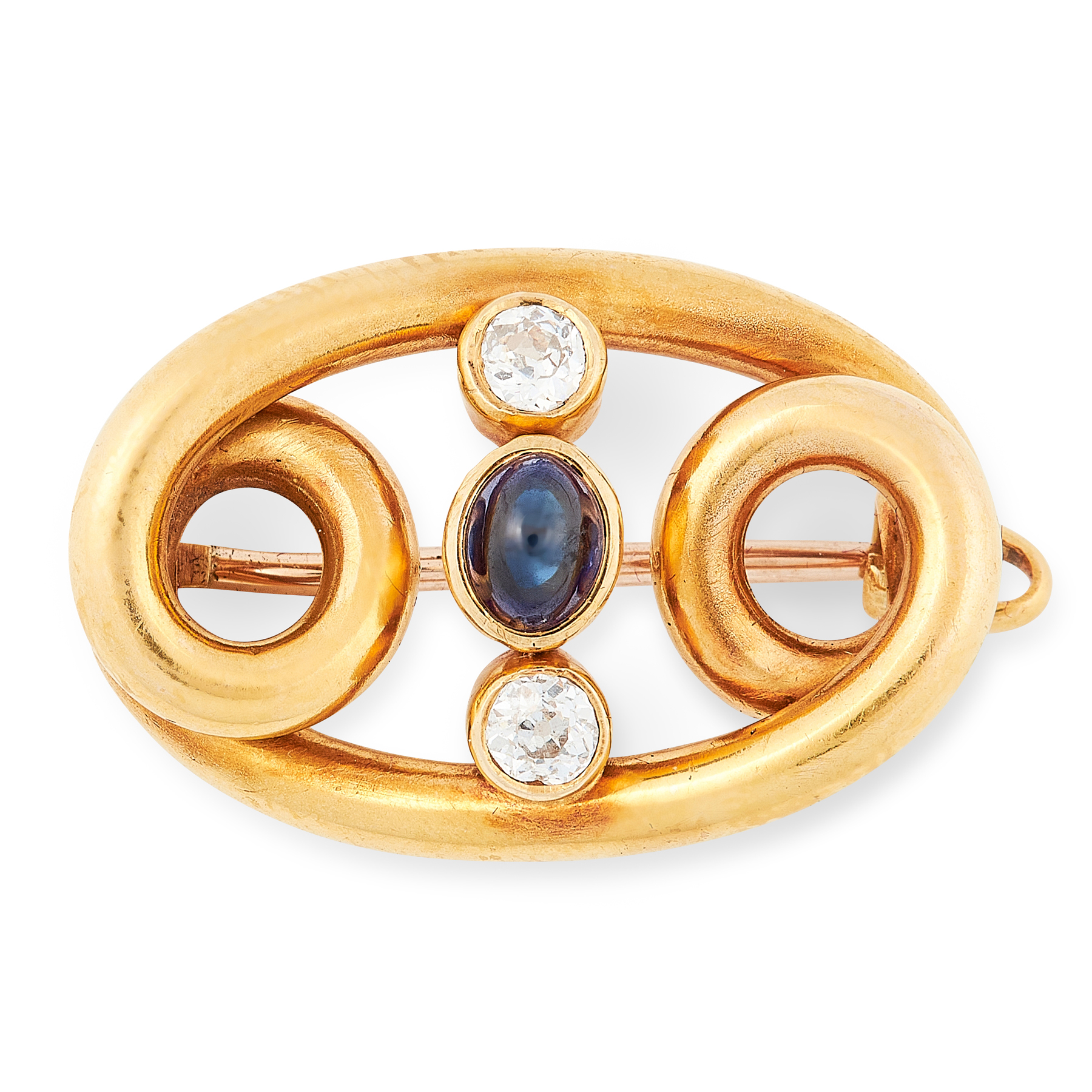 AN ANTIQUE SAPPHIRE AND DIAMOND BROOCH in yellow gold, the scrolling body set with an oval cut