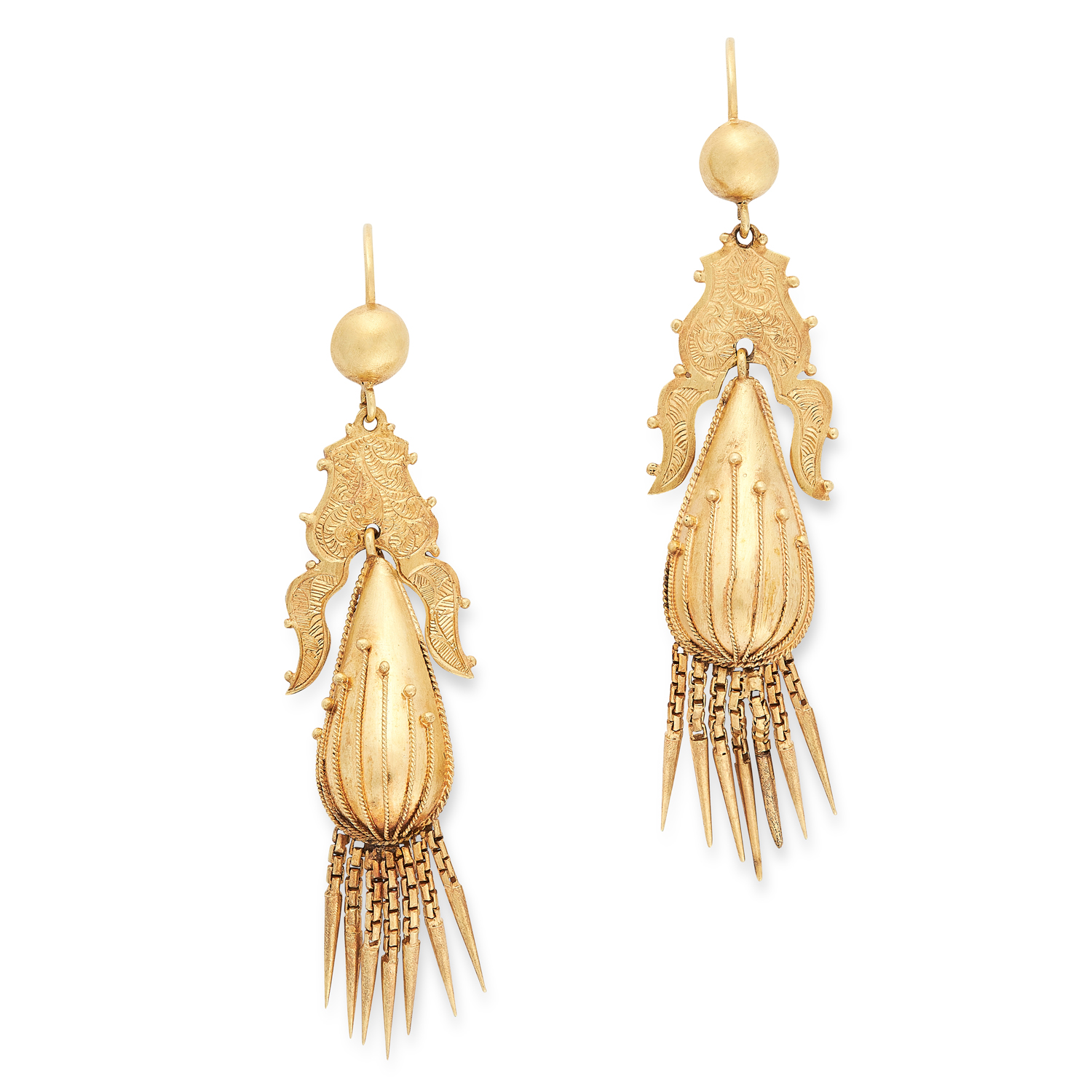 A PAIR OF ANTIQUE VICTORIAN TASSEL EARRINGS, 19TH CENTURY in high carat yellow gold, the articulated
