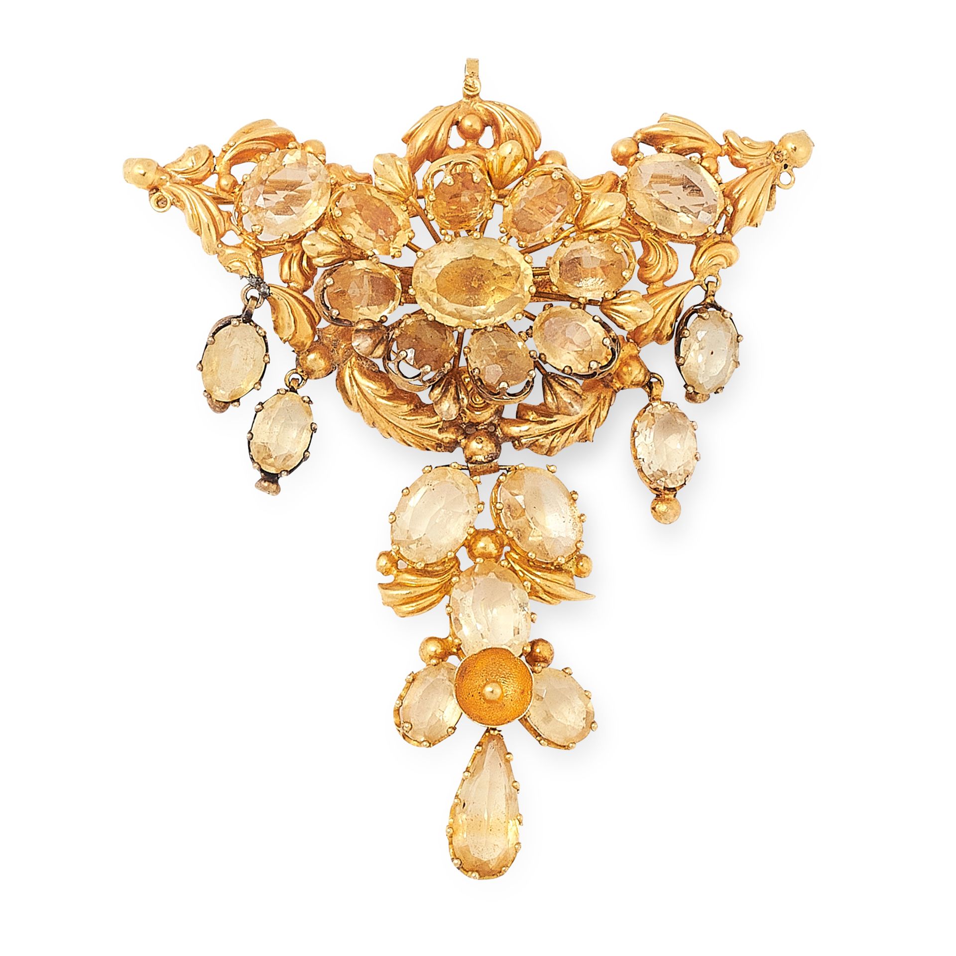 AN ANTIQUE CITRINE BROOCH in high carat yellow gold, designed as a cluster of oval cut citrines