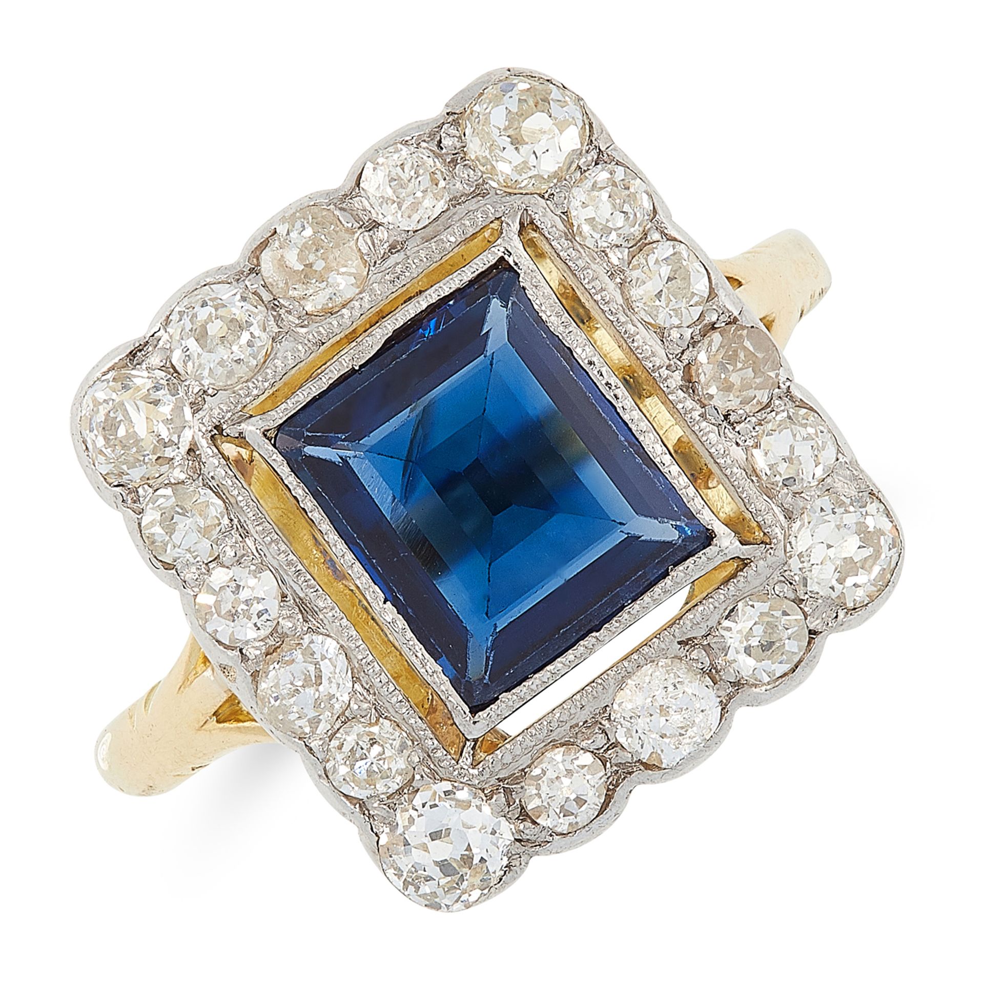 A SAPPHIRE AND DIAMOND DRESS RING CIRCA 1945 in 18ct yellow gold, set with a step cut sapphire of