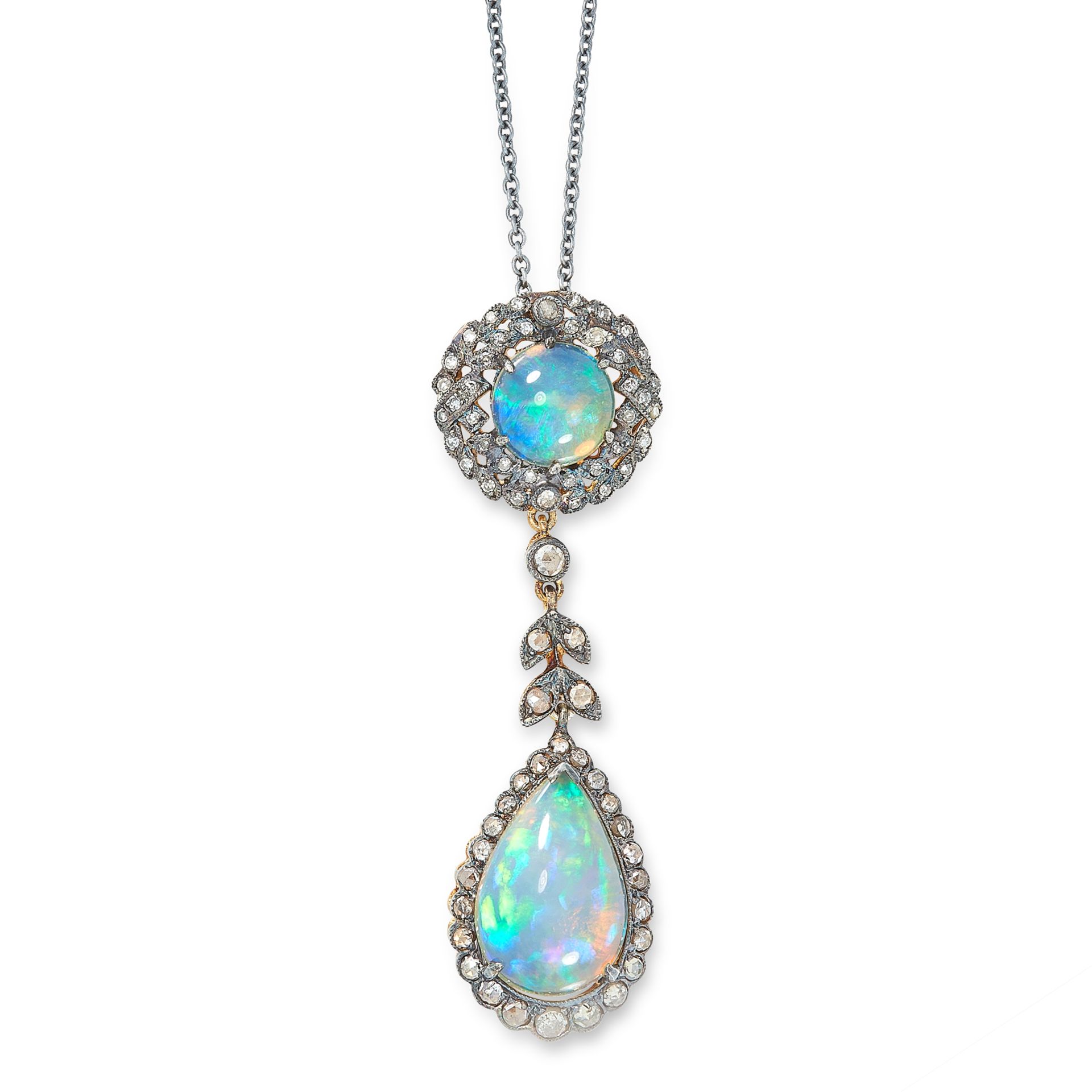 AN OPAL AND DIAMOND PENDANT AND CHAIN set with a pear shaped cabochon opal within a border of rose