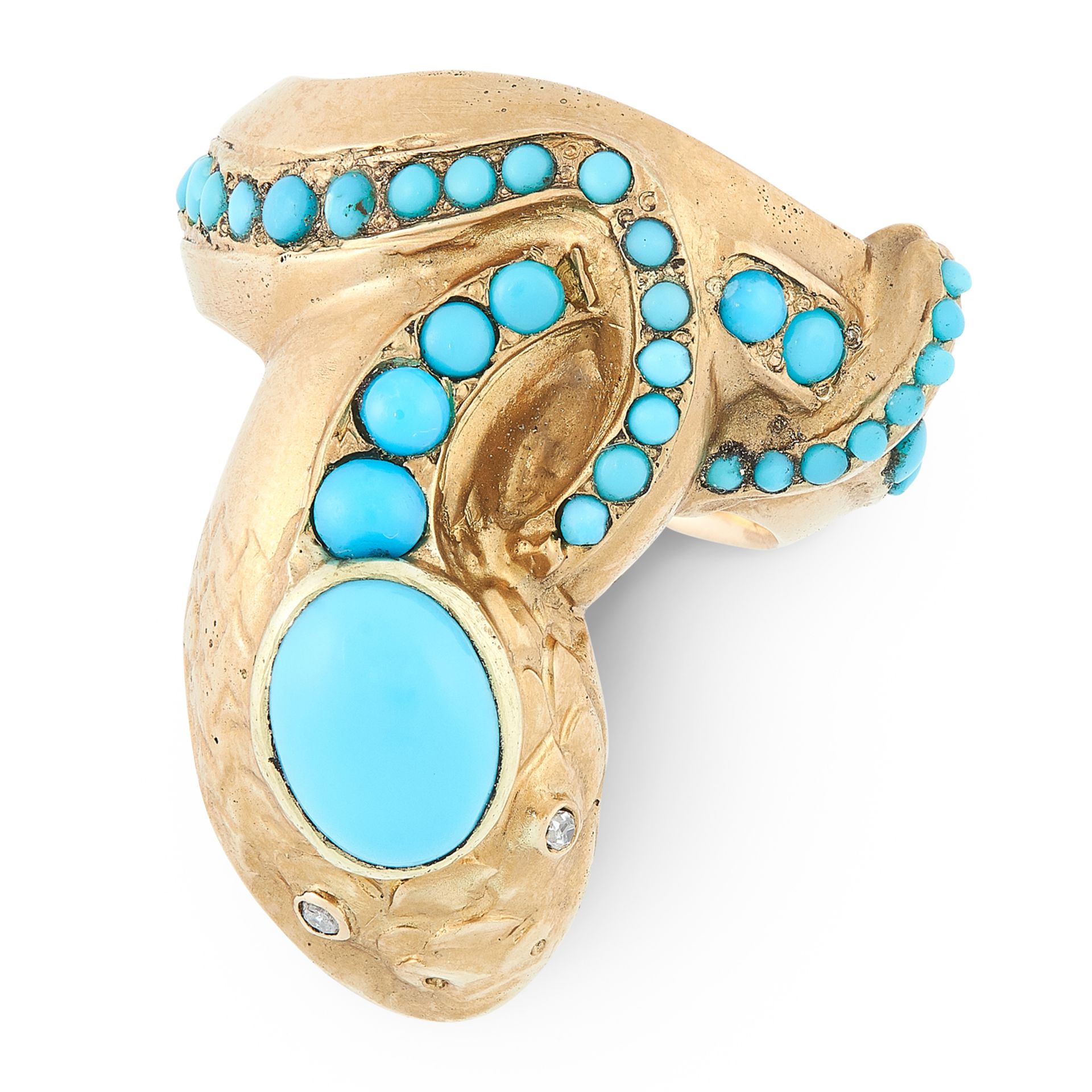 AN ANTIQUE TURQUOISE AND DIAMOND SNAKE RING, LATE 19TH CENTURY in high carat yellow gold, designed - Bild 2 aus 2