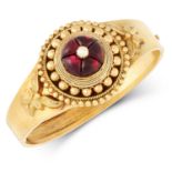 AN ANTIQUE GARNET AND PEARL BANGLE, 19TH CENTURY in high carat yellow gold, set at the centre with a