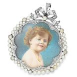 AN ANTIQUE PEARL AND DIAMOND PORTRAIT MINIATURE PENDANT / BROOCH, LATE 19TH CENTURY in yellow gold
