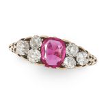 AN ANTIQUE BURMA NO HEAT PINK SAPPHIRE AND DIAMOND RING in 18ct yellow gold, set with an oval cut