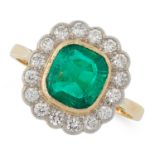 A COLOMBIAN EMERALD AND DIAMOND RING, 1991 in 18ct yellow gold, set with an emerald cut emerald of