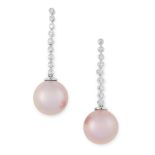 A PAIR OF PEARL AND DIAMOND DROP EARRINGS each set with a pink pearl of 12.6mm below a row of