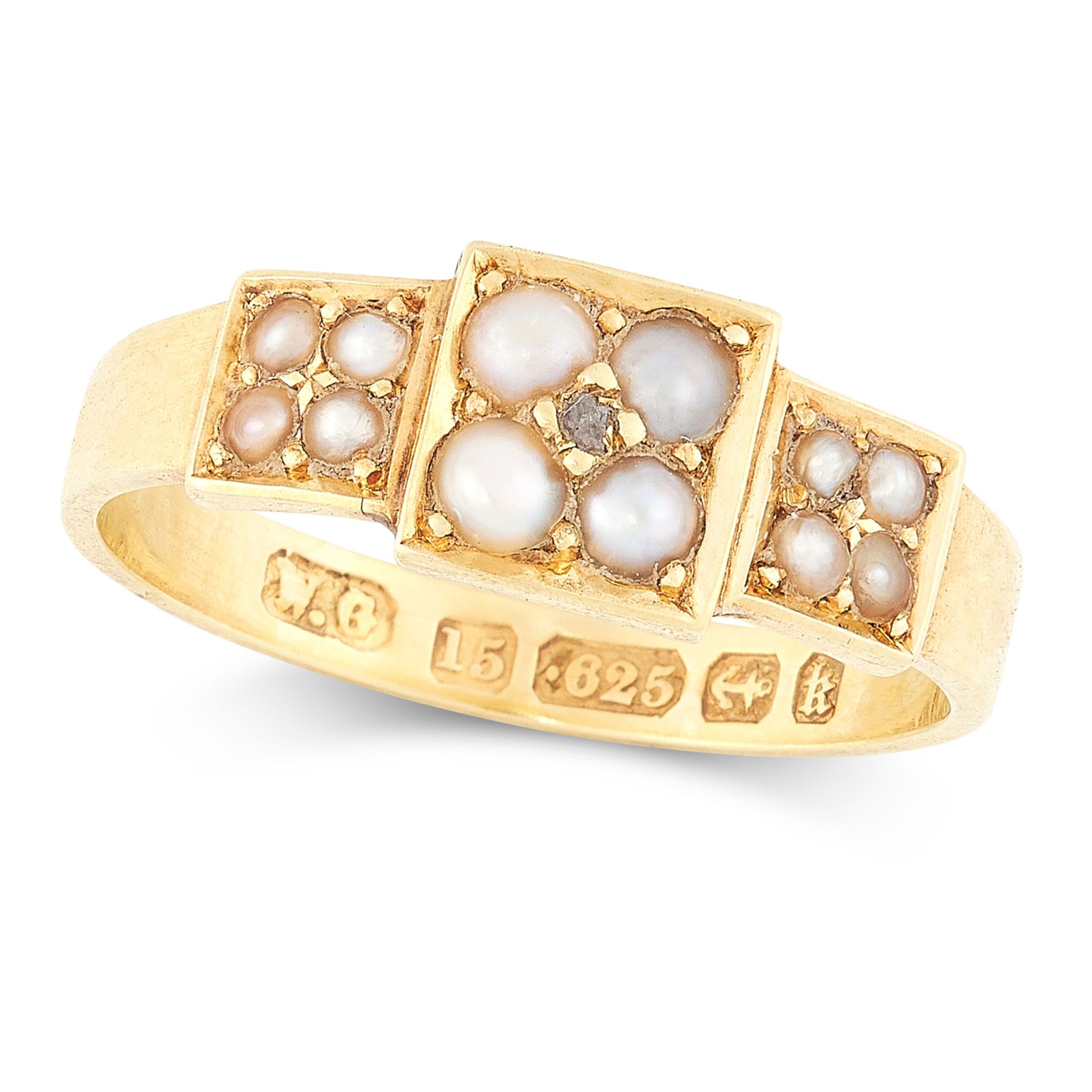 AN ANTIQUE VICTORIAN SEED PEARL RING, 1884 in 15ct yellow gold, set with a trio of clusters of