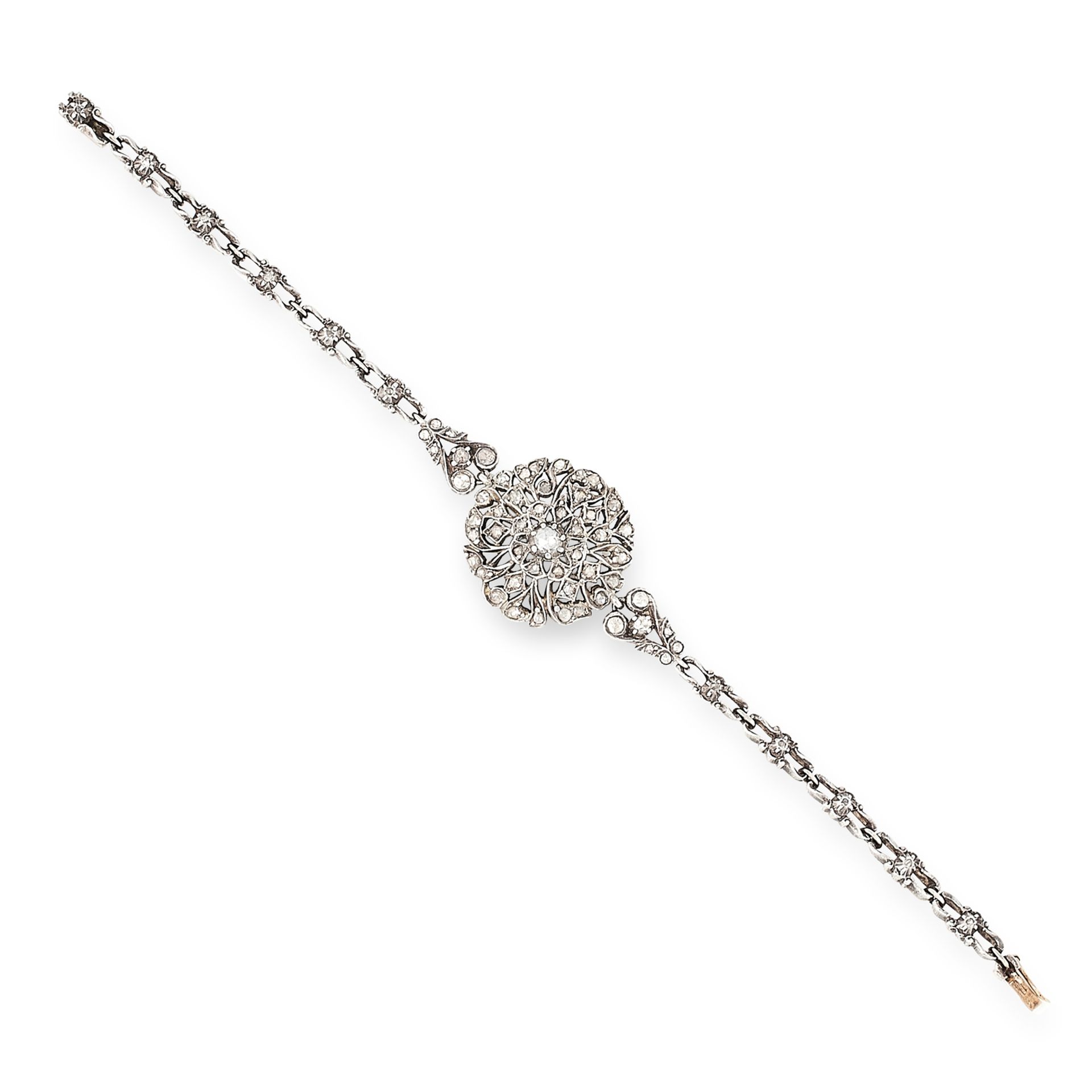 AN ANTIQUE DIAMOND BRACELET, 19TH CENTURY in yellow gold and silver, set with clusters of rose cut