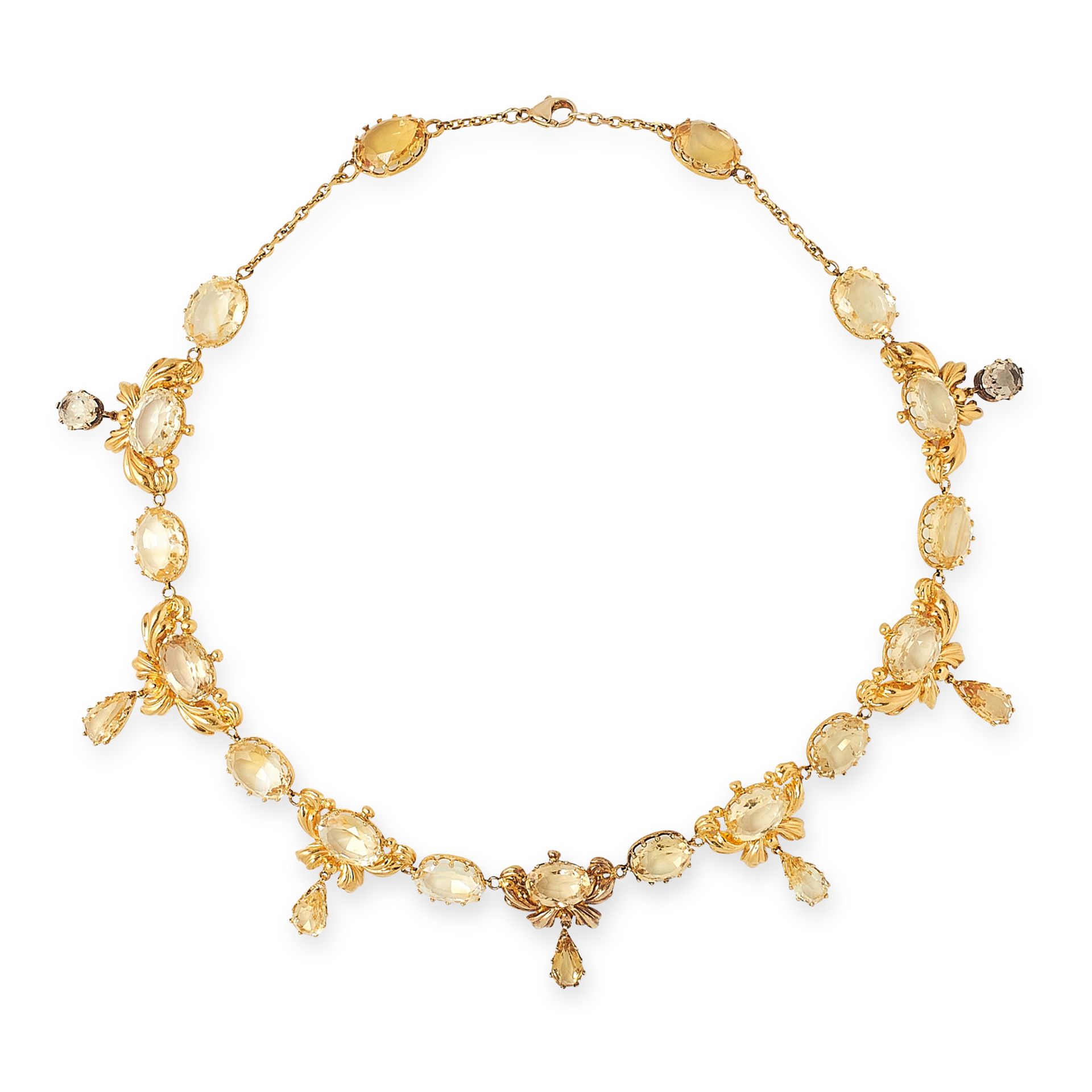 AN ANTIQUE CITRINE NECKLACE in high carat yellow gold, comprising a row of oval cut citrines