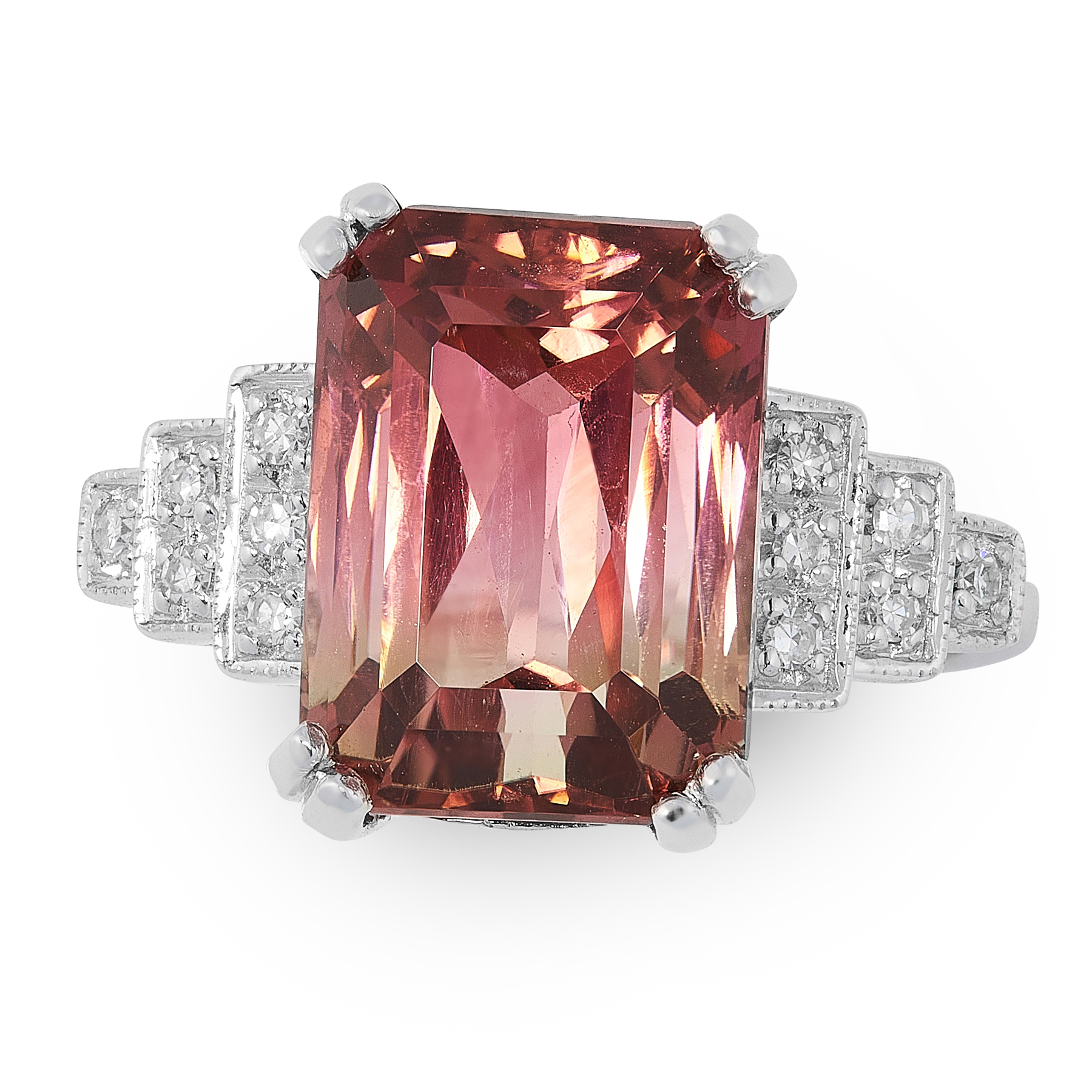 A WATERMELON TOURMALINE AND DIAMOND DRESS RING set with an emerald cut pink - green tourmaline of