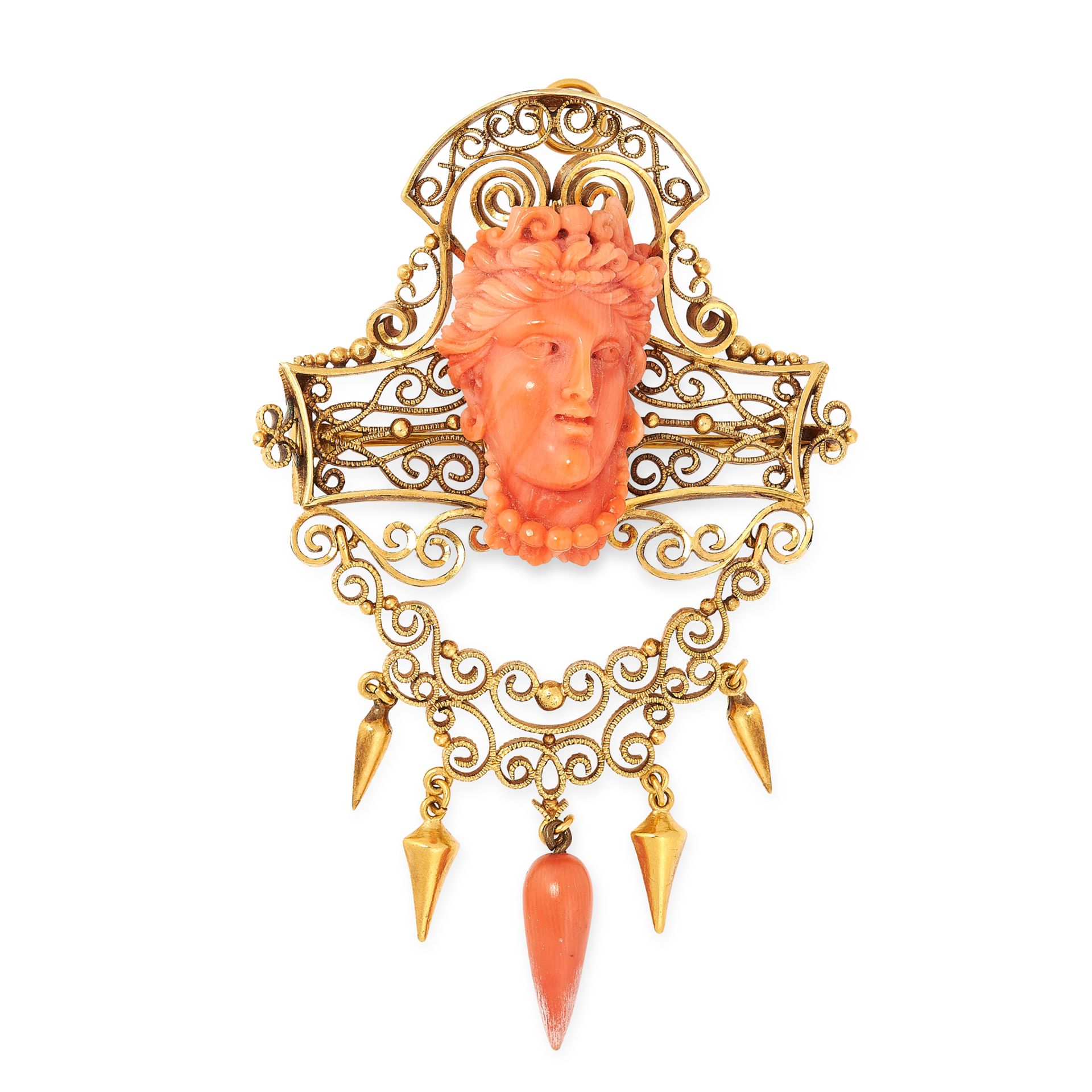 AN ANTIQUE CARVED CORAL DEMI PARURE, 19TH CENTURY in high carat yellow gold, comprising a brooch /