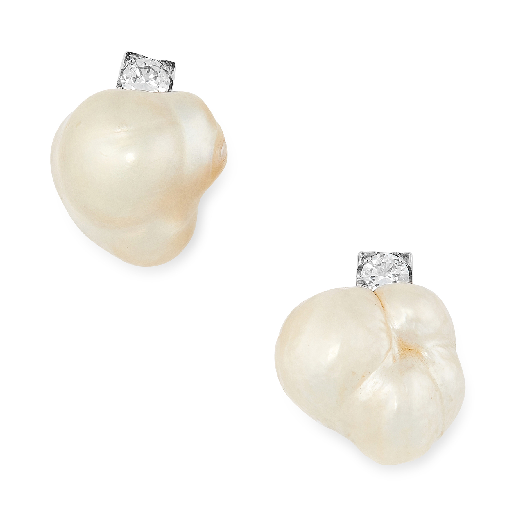 A PAIR OF NATURAL PEARL AND DIAMOND STUD EARRINGS each set with a baroque natural pearl of 11.8