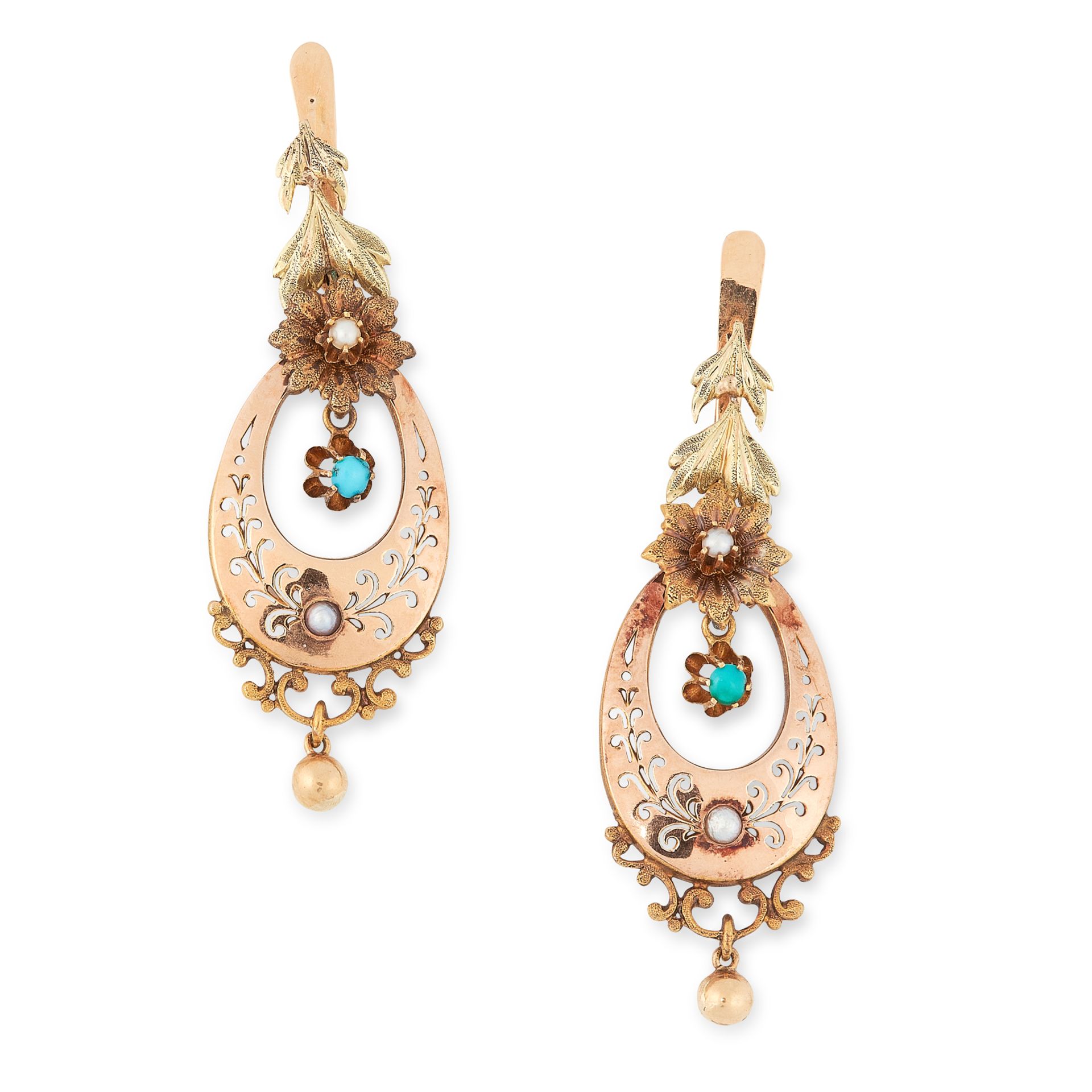 A PAIR OF ANTIQUE TURQUOISE AND PEARL EARRINGS in yellow gold, each set with two pearls and a