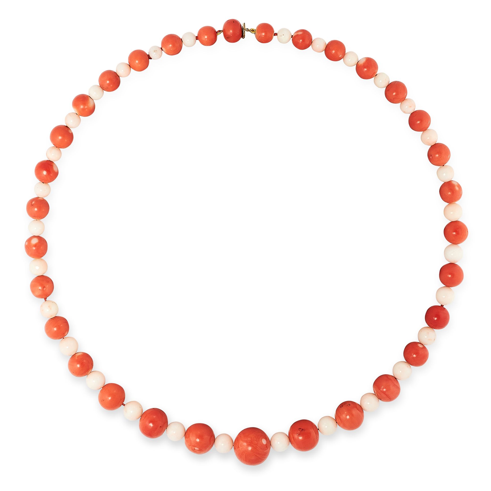 AN ANTIQUE CORAL AND ANGEL CORAL BEAD NECKLACE comprising a single row of sixty-two graduated