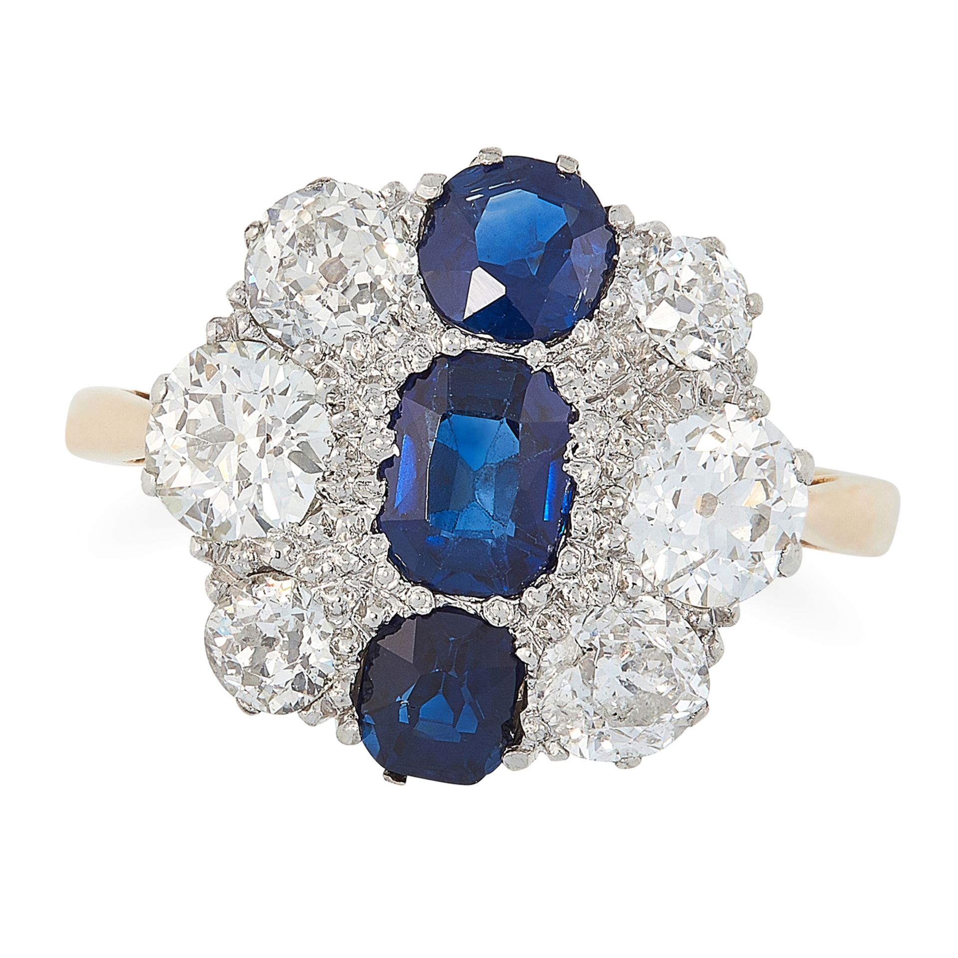 A SAPPHIRE AND DIAMOND DRESS RING, MID 20TH CENTURY in high carat yellow gold, set with a trio of