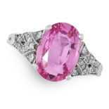 AN UNHEATED PINK SAPPHIRE AND DIAMOND RING in white gold, set with an oval cut pink sapphire of 3.76
