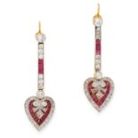A PAIR OF RUBY AND DIAMOND DROP EARRINGS CIRCA 1940 in high carat yellow gold, designed as heart