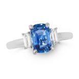 A BURMA NO HEAT SAPPHIRE AND DIAMOND RING in platinum, set with an oval cushion cut sapphire of 1.65