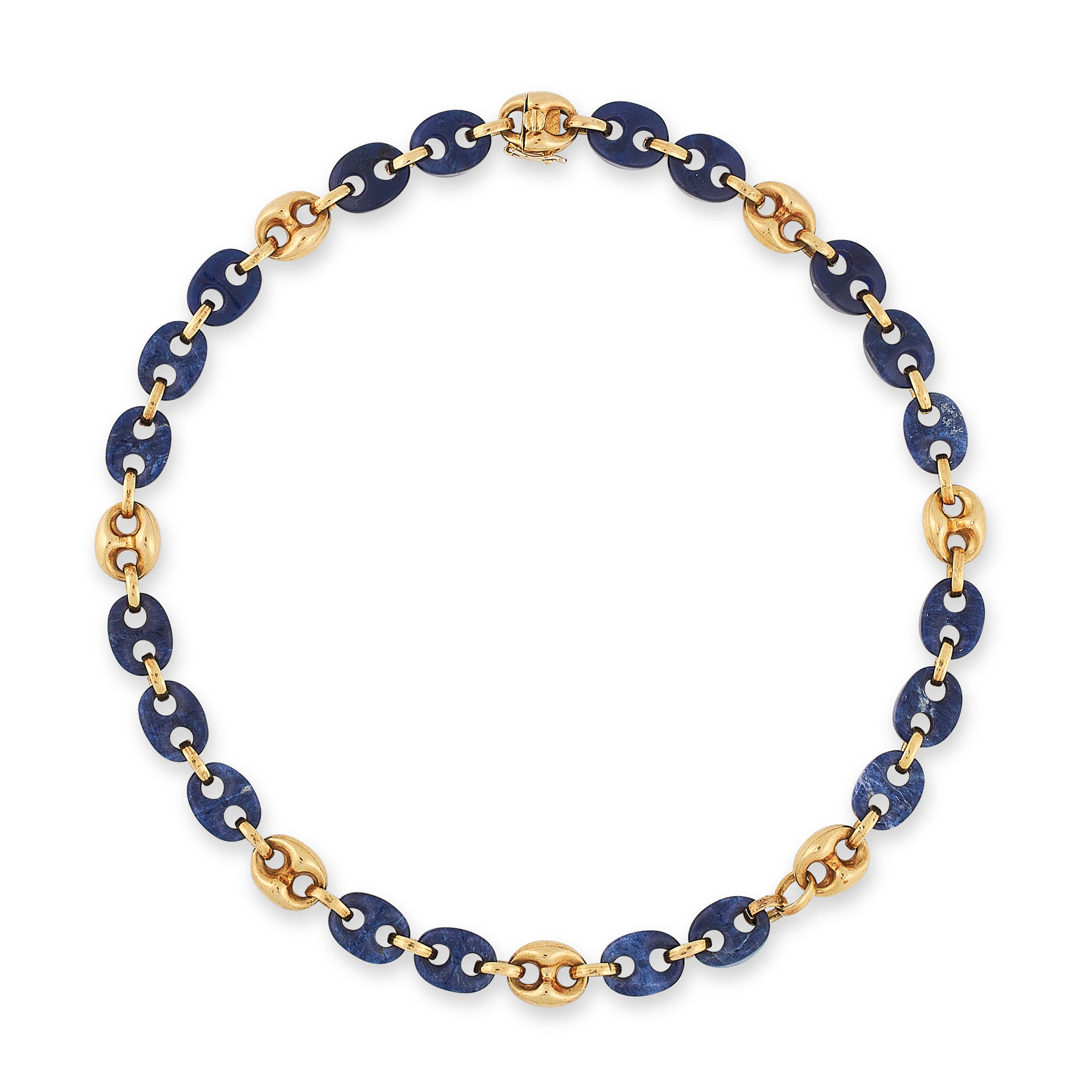 A VINTAGE SODALITE FANCY LINK NECKLACE in high carat yellow gold, comprising a single row of